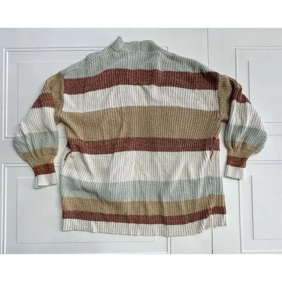 Nine West Women’s Chunky Striped Cardigan Ivory Brown Blue Size Medium M Soft - Picture 4 of 5